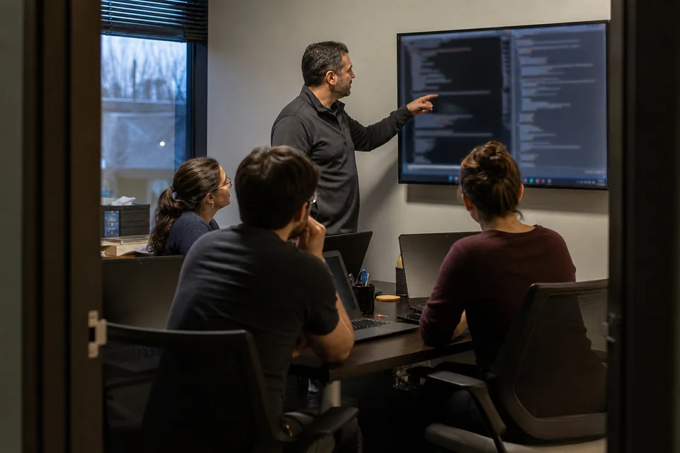 Engineering lead comparing a terminal coding agent and an agent IDE on a meeting room screen with his team