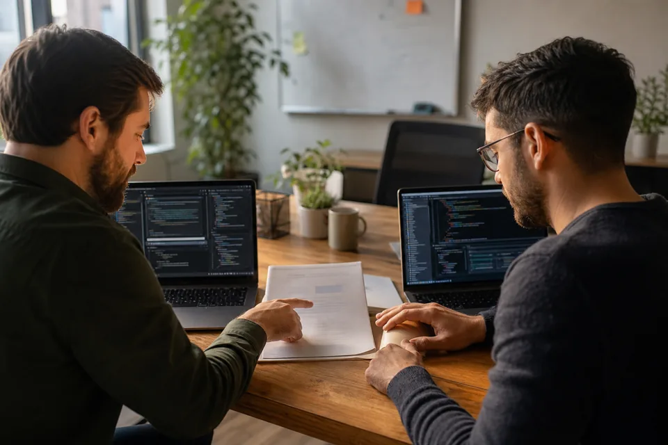 Two developers comparing two code editors and a printed subscription invoice at a shared desk