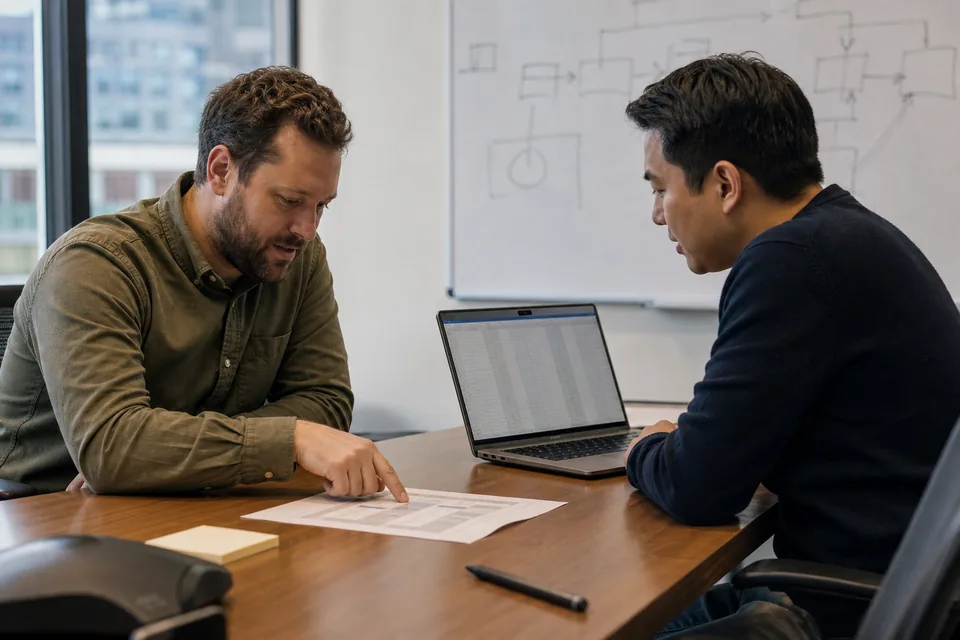 Two engineering leads comparing a printed per-developer cost sheet for an AI code review tool with a laptop spreadsheet