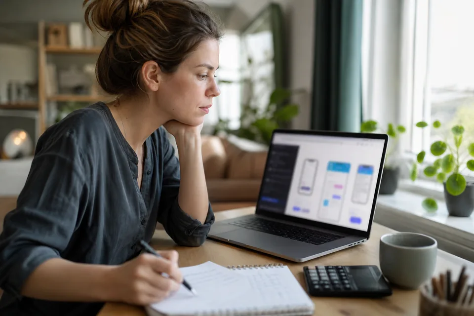 Small business owner working out the monthly cost of an email assistant with a calculator and notebook at a home office desk