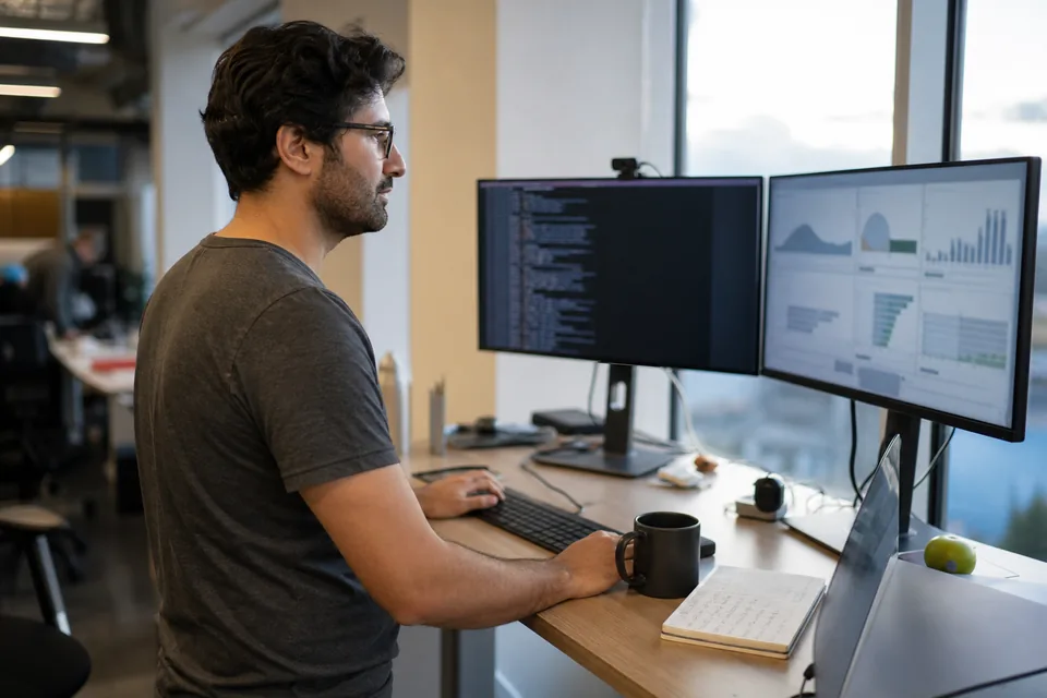 Platform engineer at a standing desk with a terminal agent on one monitor and a cost dashboard on the other