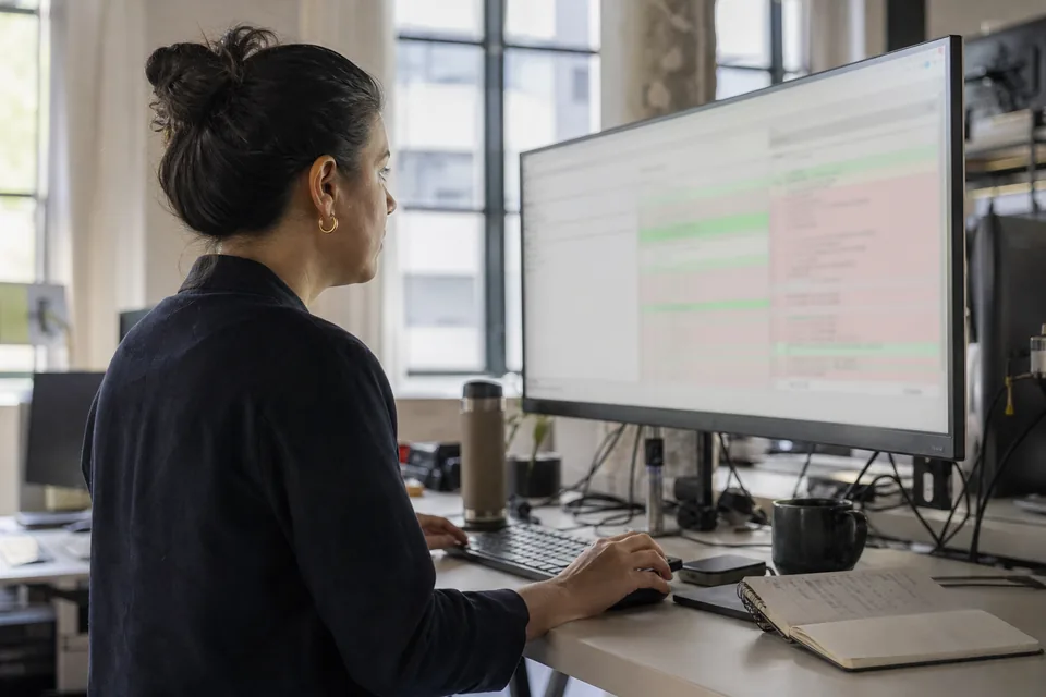 Engineering manager reviewing a pull request on a large monitor while budgeting AI code review seats
