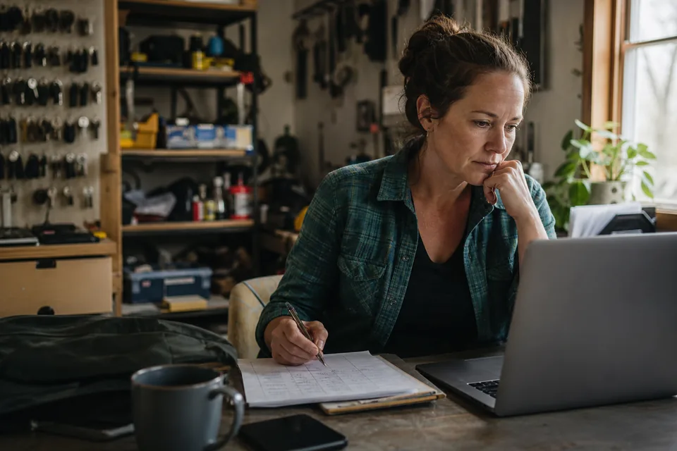 Owner of a small home services business comparing monthly AI assistant subscription costs on a laptop in a workshop office