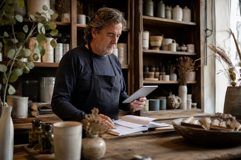 Independent retail shop owner checking an AI helper subscription on a tablet behind the counter